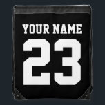 Black sports gym drawstring backpack bag<br><div class="desc">Black sports gym drawstring backpack bag. Personalised jersey number drawstring backpack. Cool sports / gym bag for men women and kids. Make one for yourself or team. Add your name. Perfect for fitness,  basketball,  baseball,  football,  soccer,  volleyball,  softball,  lacross and more athletic games.</div>