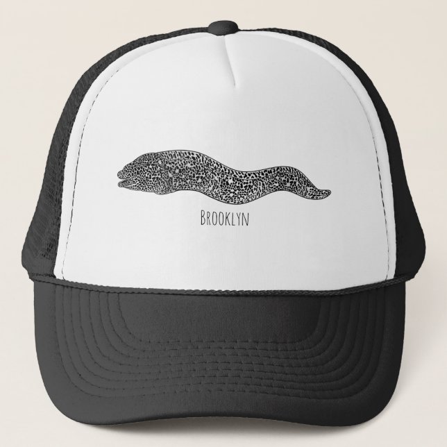 Black spotted moray eel cartoon illustration trucker hat (Front)