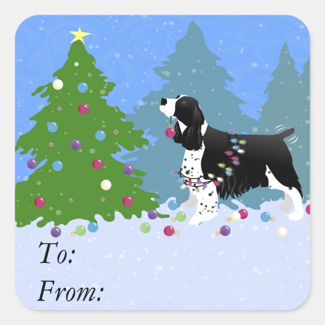 Black Springer Spaniel Decorating Christmas Tree Square Sticker (Front)