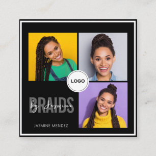 Black Square Braiding Salon 3-Photo Collage QR  Business Card