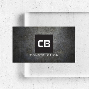 Black Square Monogram Grunge Metal Construction Business Card