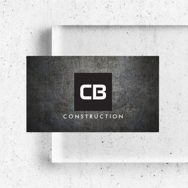 Black Square Monogram Grunge Metal Construction Business Card (Creator Uploaded)