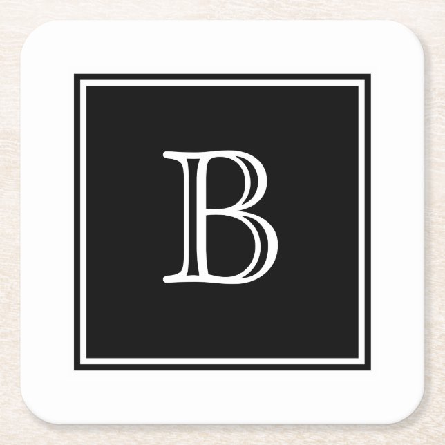 Black Square Monogram Paper Coaster (Front)