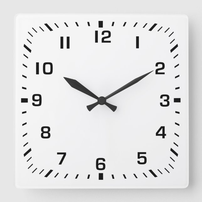 Black Square Number Faceplate on White Square Wall Clock (Front)