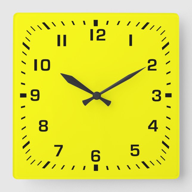 Black Square Number Faceplate on Yellow Square Wall Clock (Front)