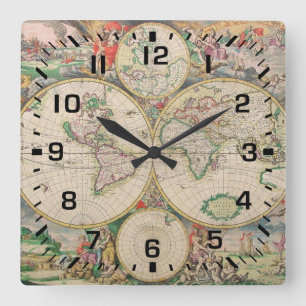 Black Square Numbers / Vintage Travel World Map Wall Clock