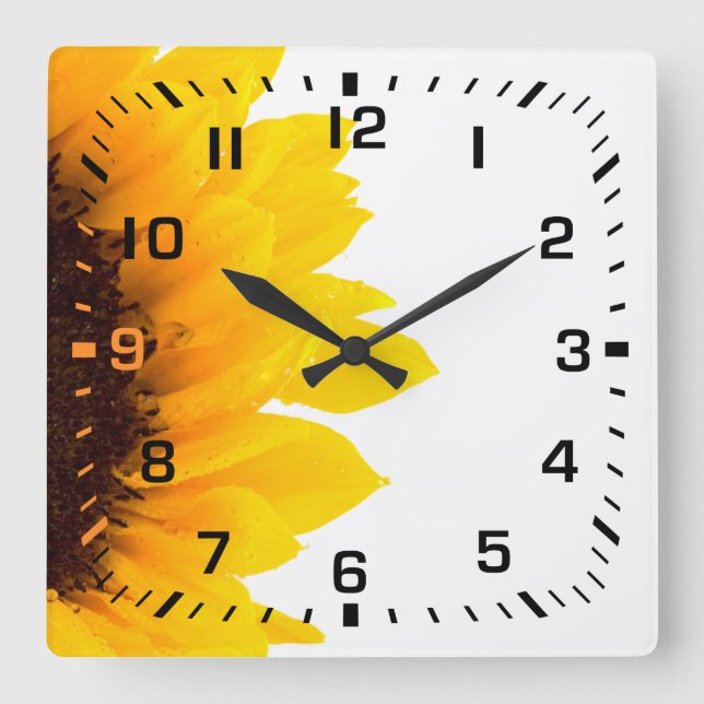 Black Square Numbers / Yellow and Brown Sunflower Wall Clock (Front)