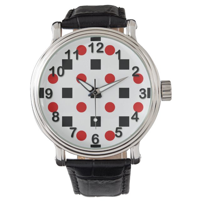 Black Squares Red Polka Dots Pattern White BG Watch (Front)
