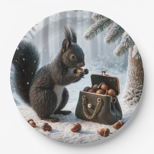Black Squirrel Saving Acorns In Purse Paper Plate (Front)