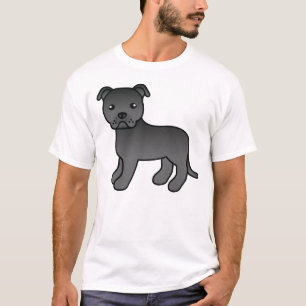 Black Staffordshire Bull Terrier Cartoon Dog T-Shirt