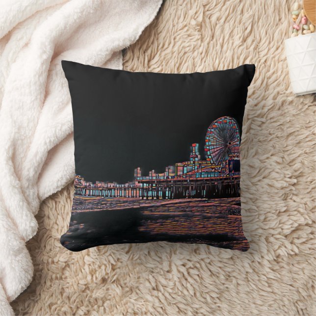 Black Stained Glass Santa Monica Pier Cushion (Blanket)