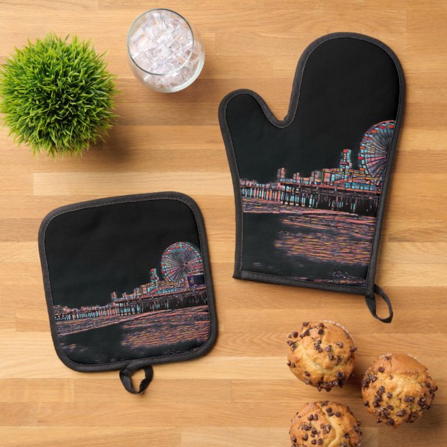 Black Stained Glass Santa Monica Pier Oven Mitt & Pot Holder Set (Top Down)