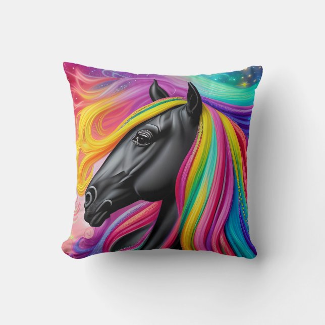 Black Stallion Colourful Mane  Cushion (Front)