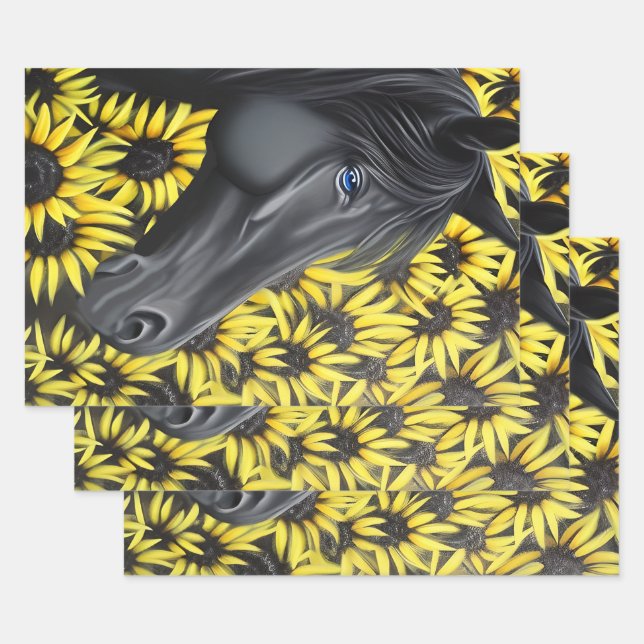 Black Stallion Horse and Sunflowers Wrapping Paper Sheet (Set)