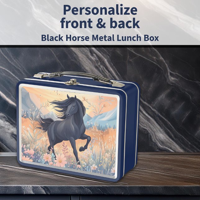 Black Stallion Horse Girls Vibrant Wildflowers Fun Metal Lunch Box (Black Stallion Horse Girls Vibrant Wildflowers Fun Metal Lunch Box - Personalize Front and Back)