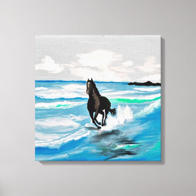 BLACK STALLION HORSE . RUNNING ON THE BEACH CANVAS PRINT (Front)
