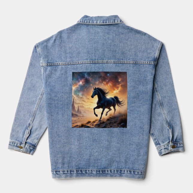 Black Stallion in Desert Nebula stars lightning Denim Jacket (Back)