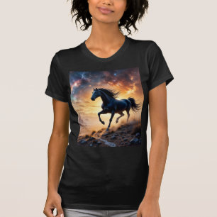 Black Stallion in Desert Nebula stars lightning T-Shirt