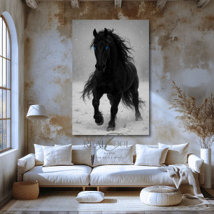 Black Stallion in Snow Western Horse Art Canvas Print
