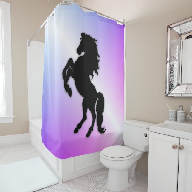 Black Stallion on Purple Shower Curtain (In Situ)