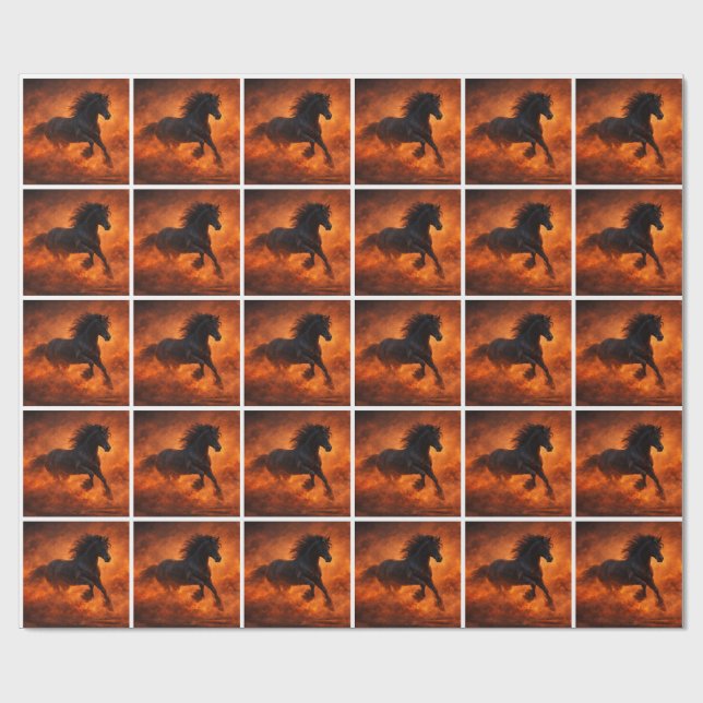 Black Stallion Running Through Orange Mist Wrapping Paper (Flat)