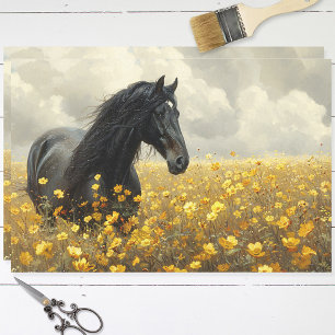 Black Stallion with Yellow Wildflowers Decoupage Tissue Paper