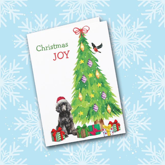 Black Standard Poodle Dog, Bird and Christmas Tree Holiday Card (Creator Uploaded)