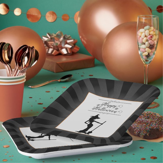 Black Starburst Witch Halloween Paper Plate (Multi)