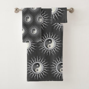 Black Starburst Yin Yang  Bath Towel Set