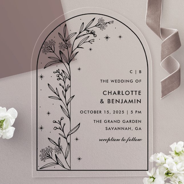 Black Starry Celestial Arch Botanical Wedding Acrylic Invitations (Creator Uploaded)