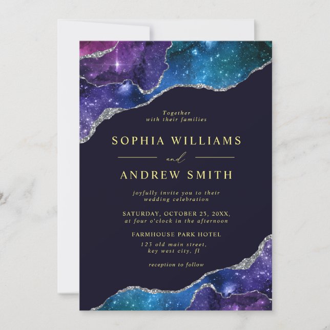 Black & Stars Blue Gold Wedding Invitation (Front)