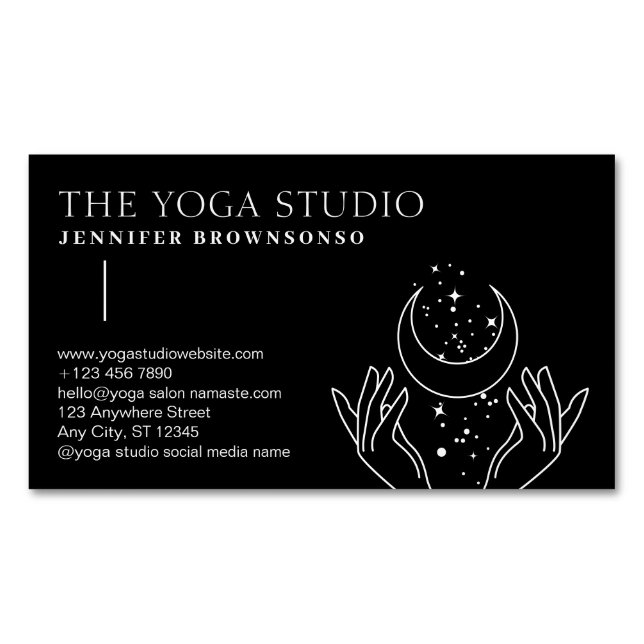 Black Stars Moon on Hands Spiritual Magnetic Business Card (Front)