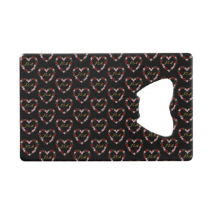 Black steel bottle opener with pink and red hearts