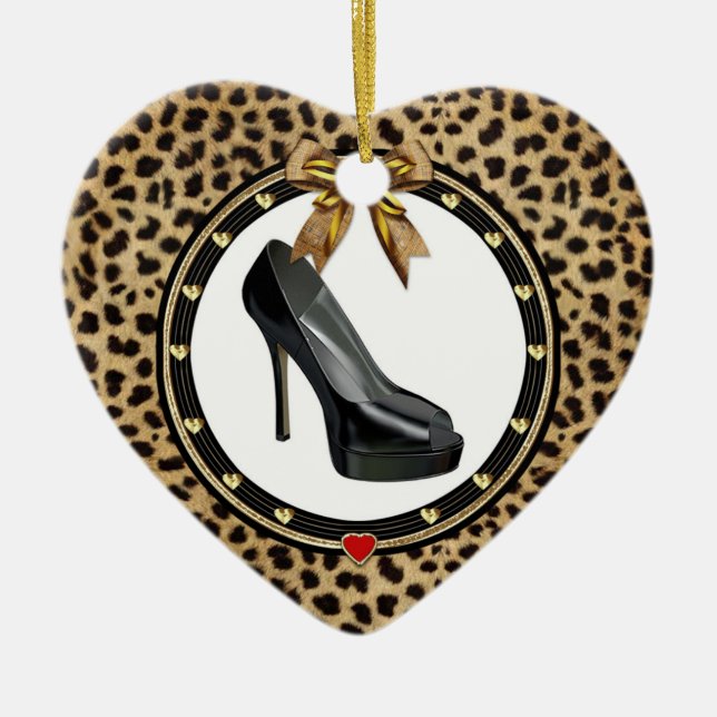 Black Stiletto Cheetah Personalized Heart Ornament (Front)