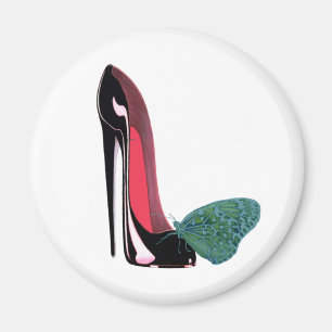Black Stiletto High Heel Shoe and Green Butterfly Magnet