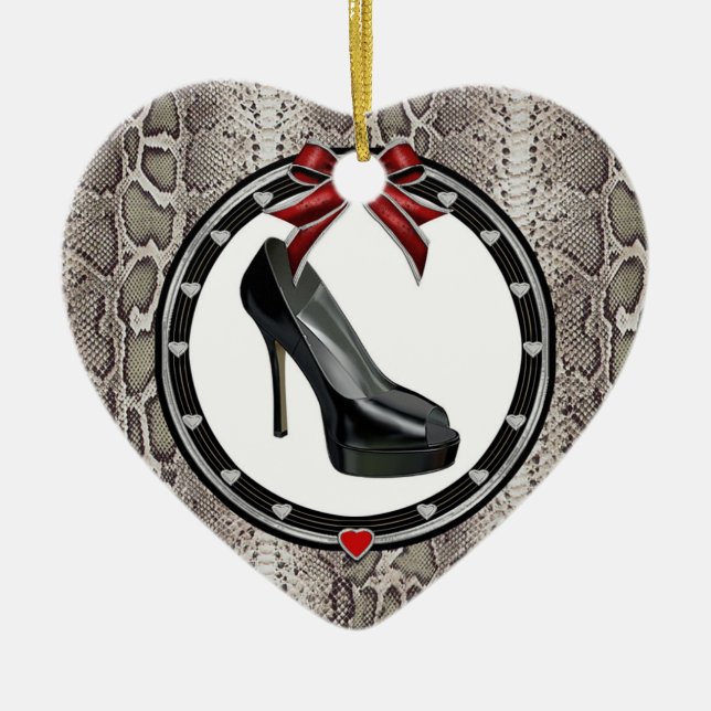 Black Stiletto Snakeskin Custom Heart Ornament (Front)