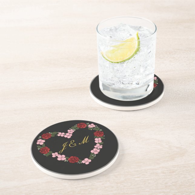 Black stoneware coaster with a red rose heart (Side)