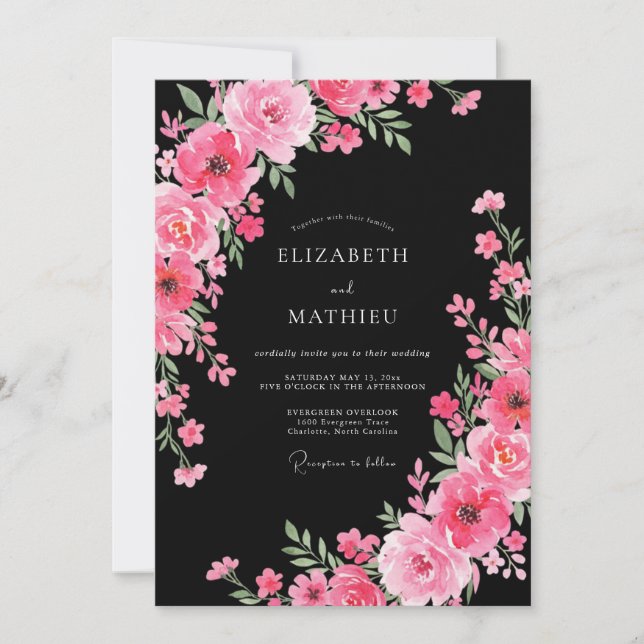 Black Striking Floral Wedding Invitation (Front)