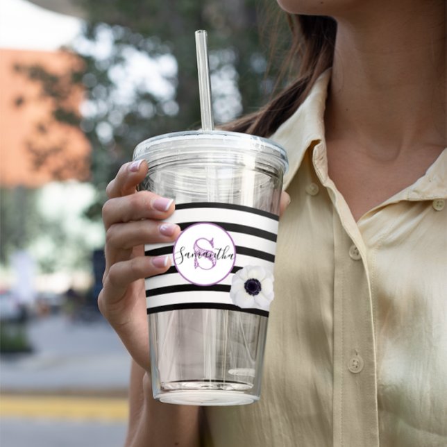 Black Stripe and Anemone Monogrammed Personalised Acrylic Tumbler (Creator Uploaded)