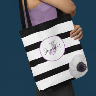 Black Stripe and Anemone Monogrammed Personalised Tote Bag
