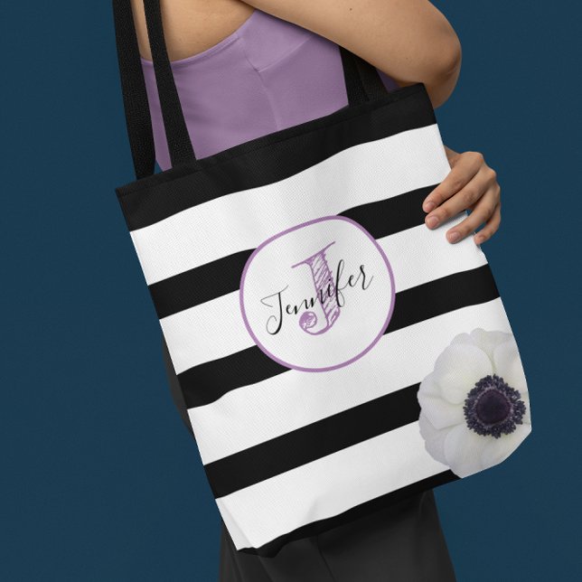 Black Stripe and Anemone Monogrammed Personalised Tote Bag (Creator Uploaded)