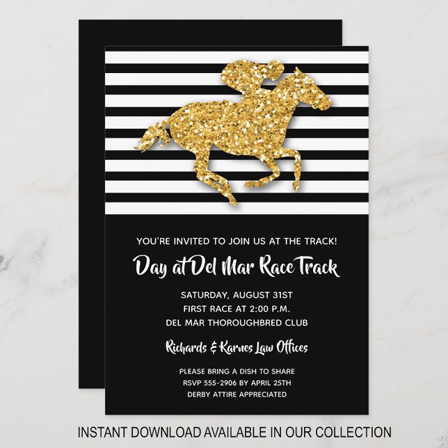 Black Stripe and Gold Glitter Horse Racing Invites (INSTANT DOWNLOAD available in our collection to send your invitations digitally.)