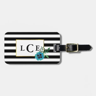 Black Stripe & Blue Floral Monogram Luggage Tag