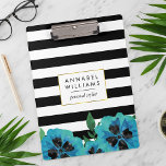 Black Stripe & Blue Floral Personalised Clipboard<br><div class="desc">Chic floral and stripe clipboard features black and white stripes with a blue watercolor pansy flower and faux gold border. Customise with a monogram,  name or text of your choice!</div>