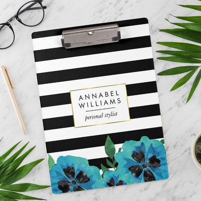 Black Stripe & Blue Floral Personalised Clipboard (Creator Uploaded)