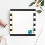 Black Stripe & Blue Flower Personalised Notepad<br><div class="desc">Modern floral note pad features chic black and white stripes with a blue watercolor pansy flower and faux gold border. Customise with a monogram,  name or text of your choice!</div>