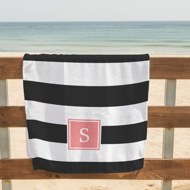 Black Stripe & Coral Monogram Beach Towel (Creator Uploaded)