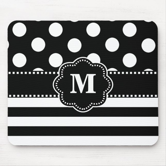 Black Stripe Dots Monogram Mouse Pad. Pad (Front)