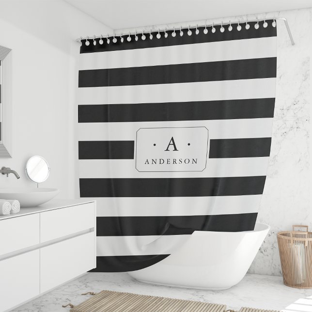 Black Stripe Family Name & Monogram Shower Curtain (Creator Uploaded)