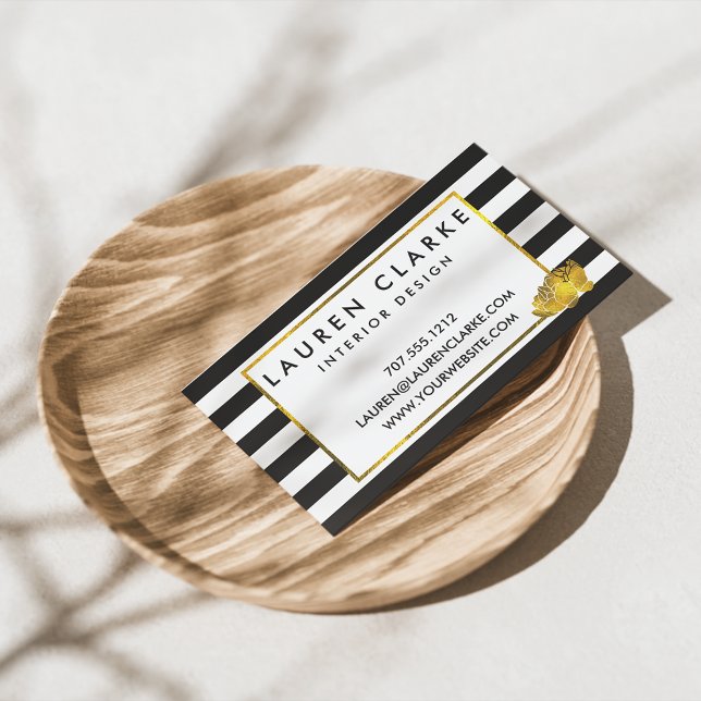 Black Stripe & Faux Gold Peony Business Card (Creator Uploaded)